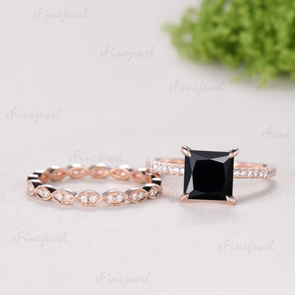 Vintage Princess Cut Natural Black Onyx Engagement Ring Set, Retro 14K Rose Gold Onyx Wedding Set, Art Deco Marquise Diamond Stacking Ring