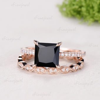 Vintage Princess Cut Natural Black Onyx Engagement Ring Set, Retro 14K Rose Gold Onyx Wedding Set, Art Deco Marquise Diamond Stacking Ring