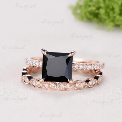 Vintage Princess Cut Natural Black Onyx Engagement Ring Set, Retro 14K Rose Gold Onyx Wedding Set, Art Deco Marquise Diamond Stacking Ring