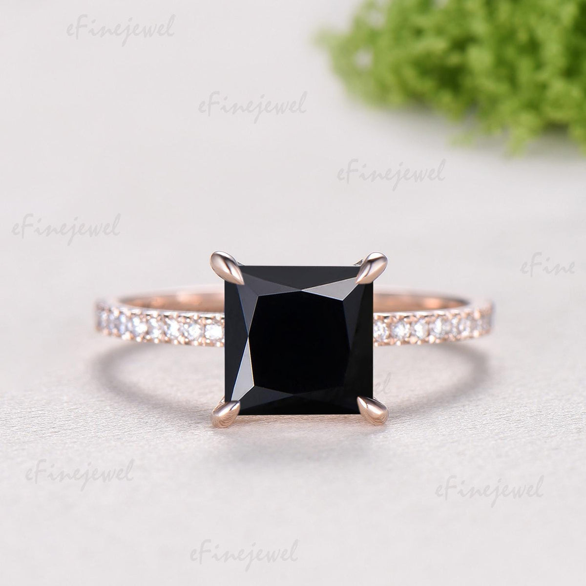 Vintage Princess Cut Natural Black Onyx Engagement Ring Set, Retro 14K Rose Gold Onyx Wedding Set, Art Deco Marquise Diamond Stacking Ring