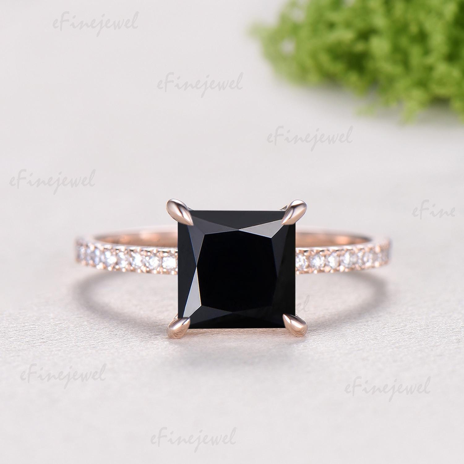 Vintage Princess Cut Natural Black Onyx Engagement Ring Set, Retro 14K Rose Gold Onyx Wedding Set, Art Deco Marquise Diamond Stacking Ring