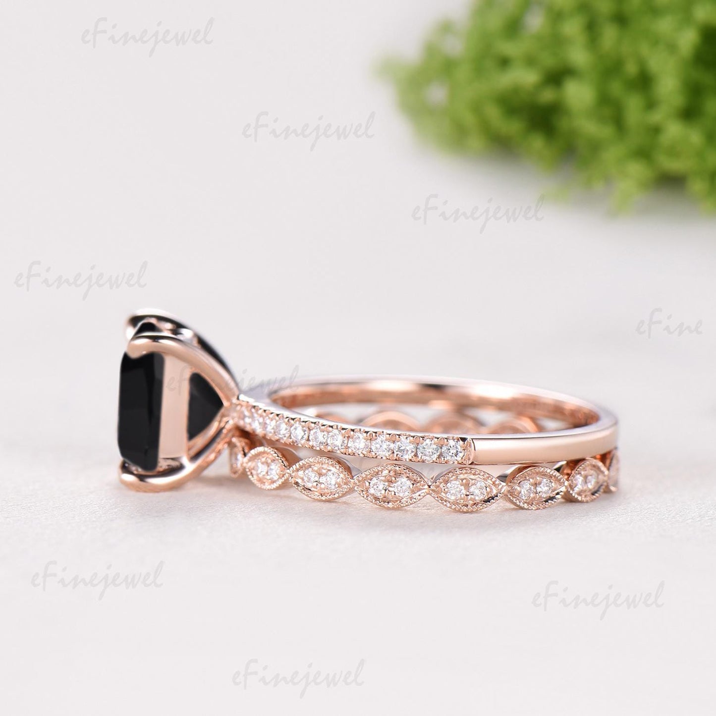 Vintage Princess Cut Natural Black Onyx Engagement Ring Set, Retro 14K Rose Gold Onyx Wedding Set, Art Deco Marquise Diamond Stacking Ring
