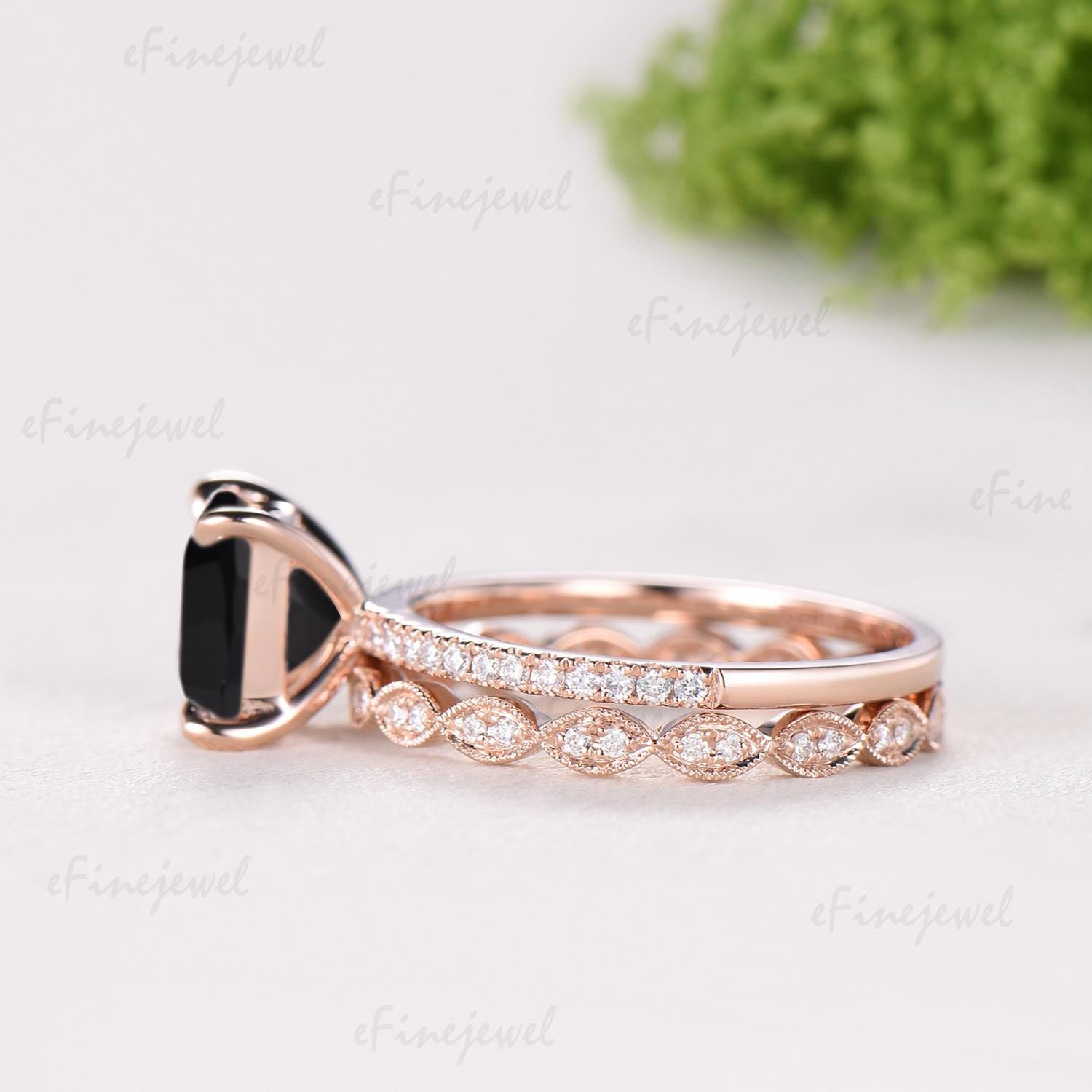 Vintage Princess Cut Natural Black Onyx Engagement Ring Set, Retro 14K Rose Gold Onyx Wedding Set, Art Deco Marquise Diamond Stacking Ring
