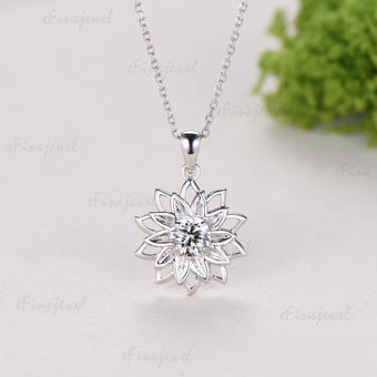 0.5CT Sunflower Lab Grown Diamond Pendant Necklace, Dainty Lotus Flower Moissanite Necklace, Elegant Spinner Anniversary Gifts for Wife