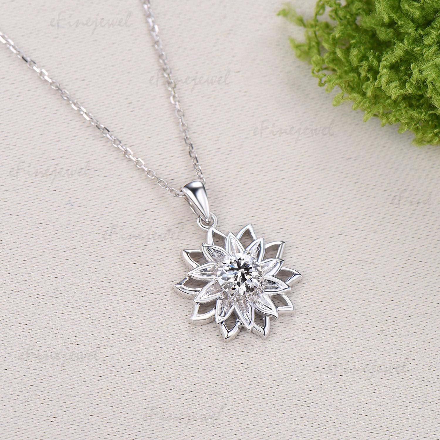 0.5CT Sunflower Lab Grown Diamond Pendant Necklace, Dainty Lotus Flower Moissanite Necklace, Elegant Spinner Anniversary Gifts for Wife