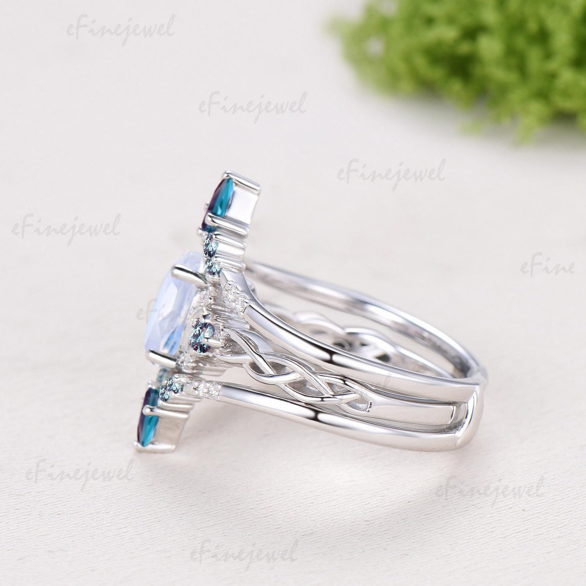 1.5CT Natural Oval Moonstone Engagement Ring Set Celtic Love Alexandrite Wedding Ring Set Unique Enhancer Band Anniversary Gift for Women