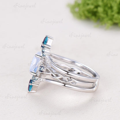 1.5CT Natural Oval Moonstone Engagement Ring Set Celtic Love Alexandrite Wedding Ring Set Unique Enhancer Band Anniversary Gift for Women