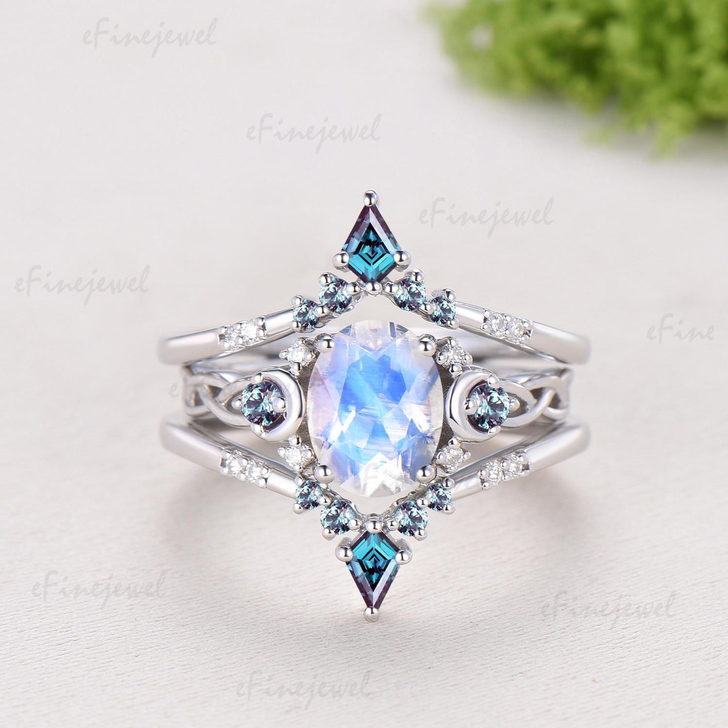 1.5CT Natural Oval Moonstone Engagement Ring Set Celtic Love Alexandrite Wedding Ring Set Unique Enhancer Band Anniversary Gift for Women