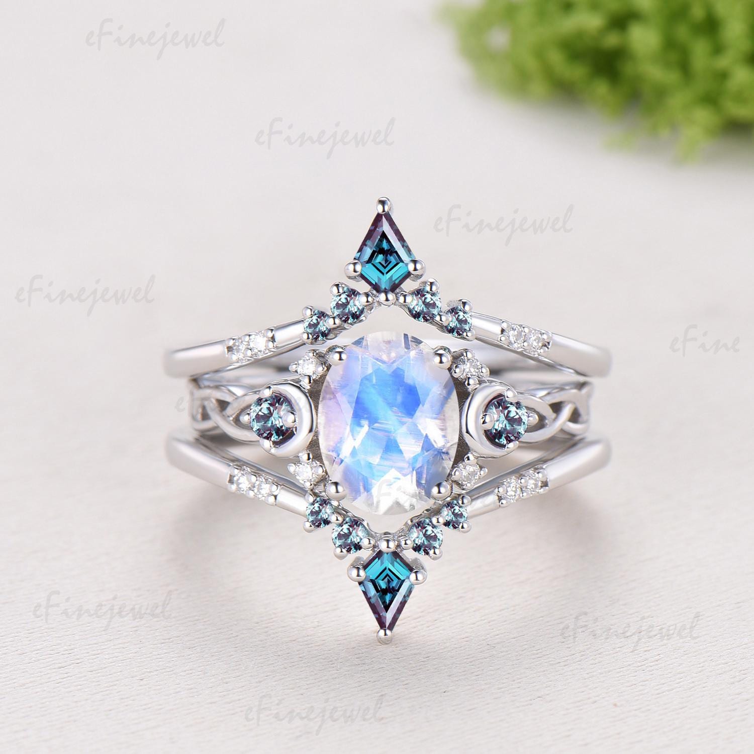 1.5CT Natural Oval Moonstone Engagement Ring Set Celtic Love Alexandrite Wedding Ring Set Unique Enhancer Band Anniversary Gift for Women