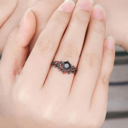 Gothic Hexagon cut Black Onyx Engagement Ring Set Leaf Vine Garnet Wedding Bridal Set