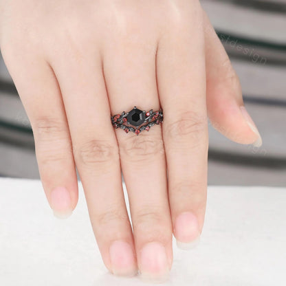 Gothic Hexagon cut Black Onyx Engagement Ring Set Leaf Vine Garnet Wedding Bridal Set