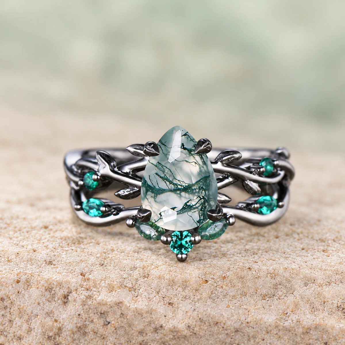 1.25Ct Pear Shaped Moss Agate Engagement Ring Set Black Gold, Art Deco Leaf Vine Wedding Set