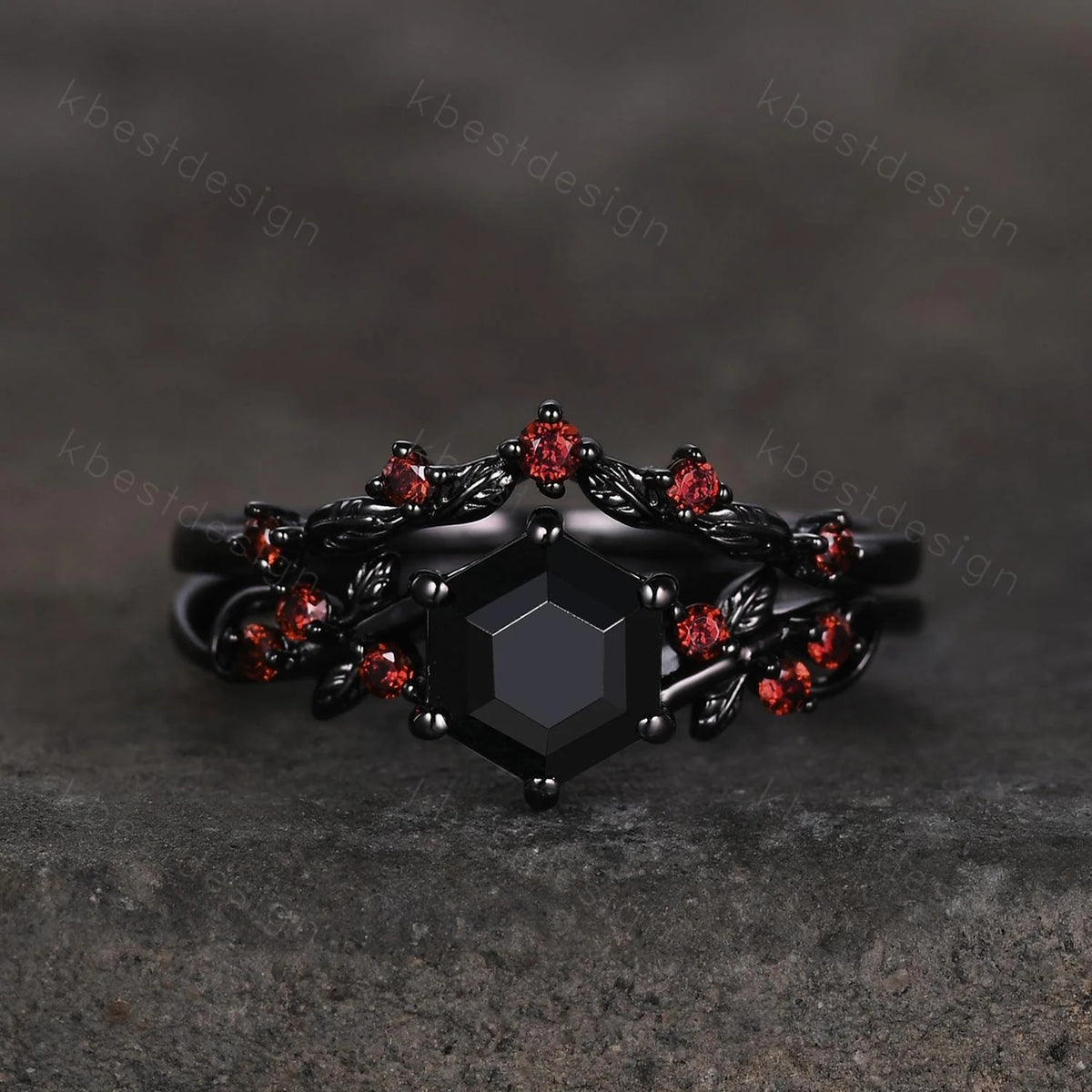 Gothic Hexagon cut Black Onyx Engagement Ring Set Leaf Vine Garnet Wedding Bridal Set