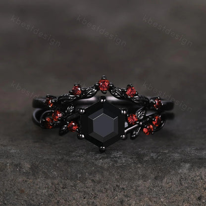Gothic Hexagon cut Black Onyx Engagement Ring Set Leaf Vine Garnet Wedding Bridal Set