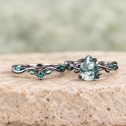 1.25Ct Pear Shaped Moss Agate Engagement Ring Set Black Gold, Art Deco Leaf Vine Wedding Set