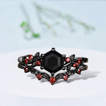 Gothic Hexagon cut Black Onyx Engagement Ring Set Leaf Vine Garnet Wedding Bridal Set