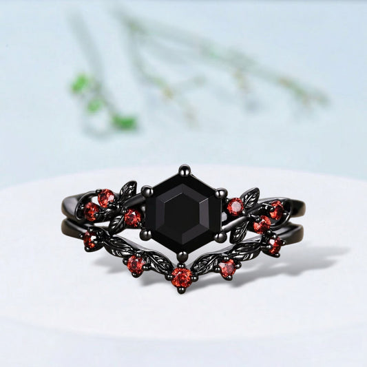 Gothic Hexagon cut Black Onyx Engagement Ring Set Leaf Vine Garnet Wedding Bridal Set