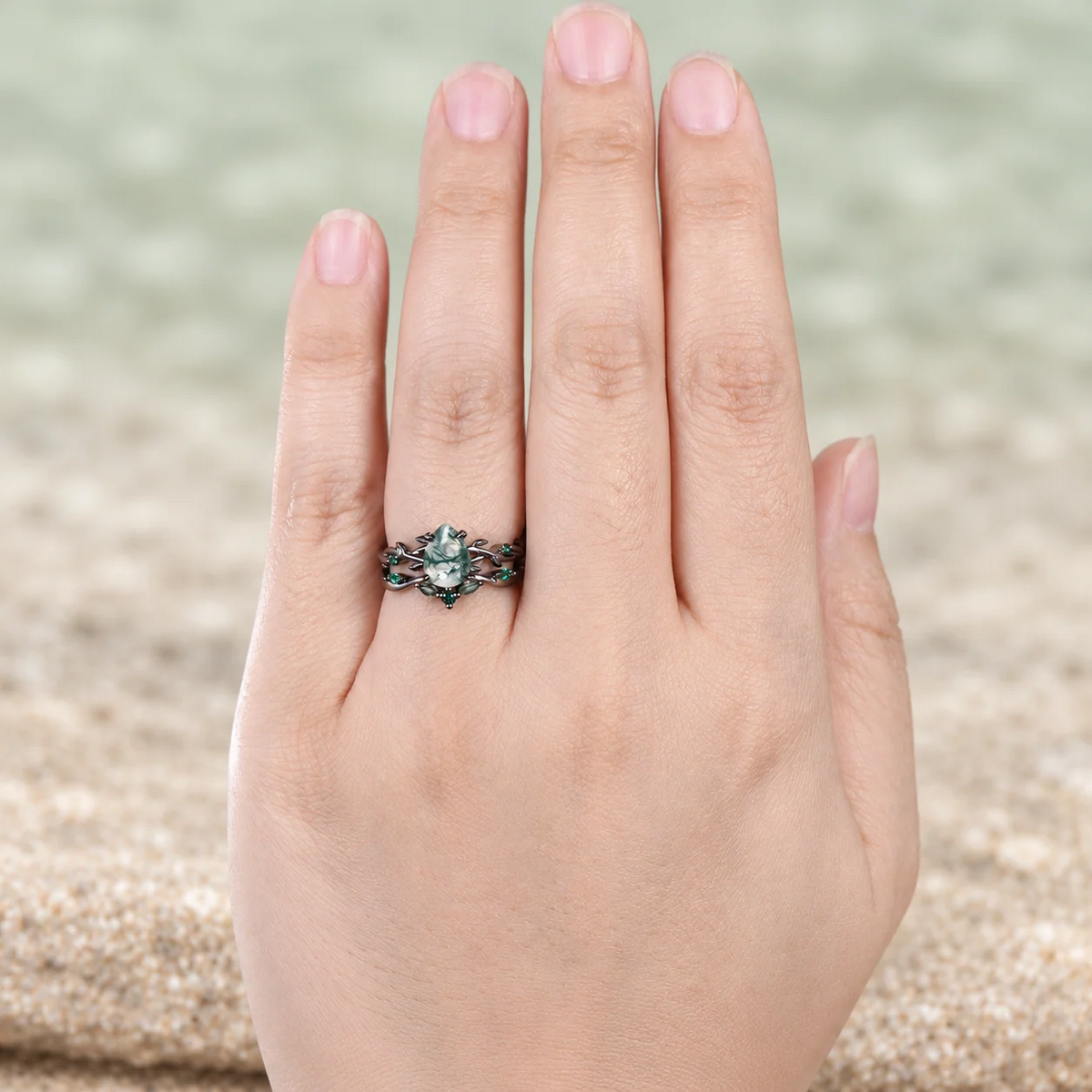 1.25Ct Pear Shaped Moss Agate Engagement Ring Set Black Gold, Art Deco Leaf Vine Wedding Set