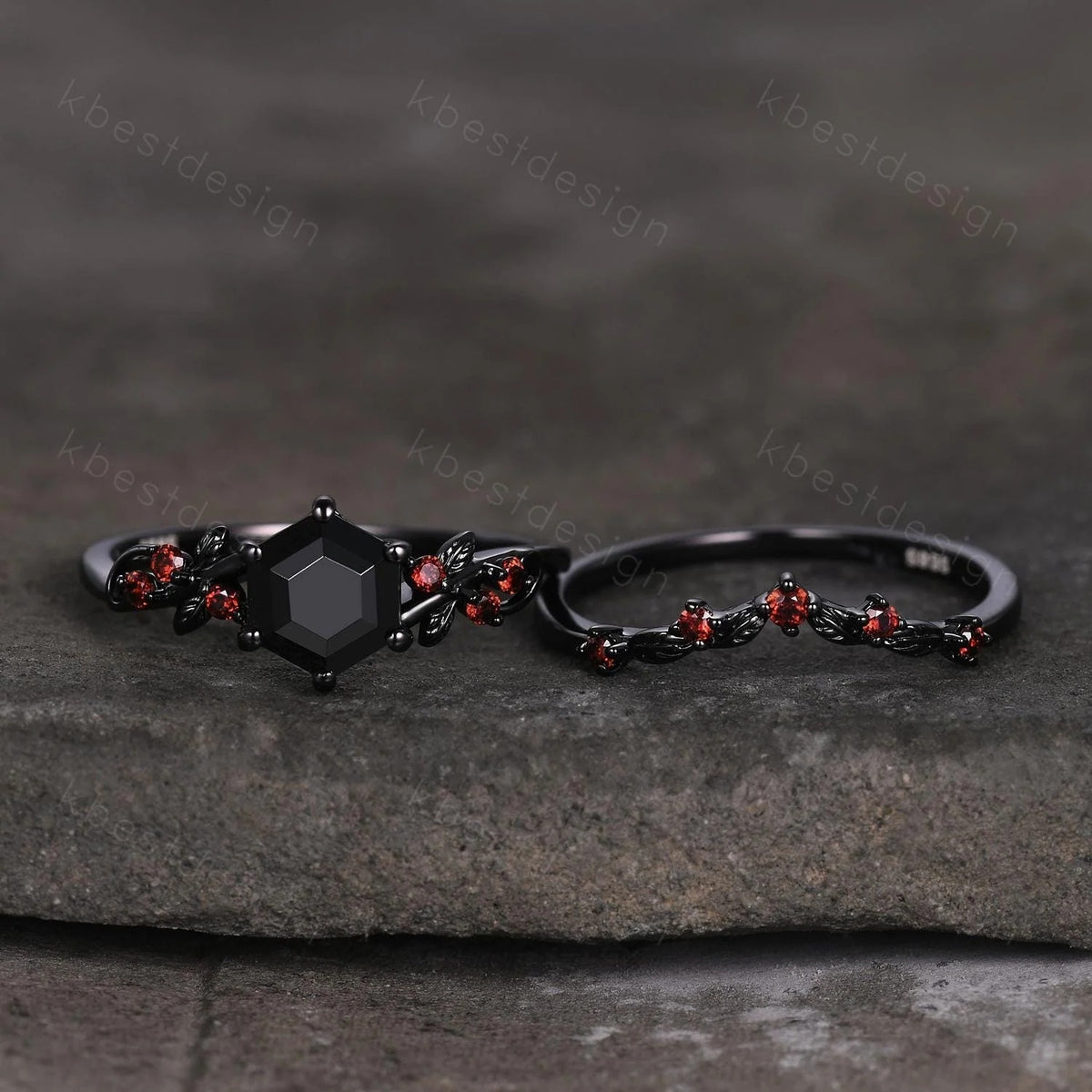 Gothic Hexagon cut Black Onyx Engagement Ring Set Leaf Vine Garnet Wedding Bridal Set