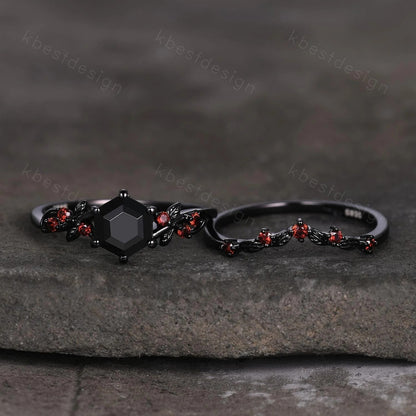 Gothic Hexagon cut Black Onyx Engagement Ring Set Leaf Vine Garnet Wedding Bridal Set