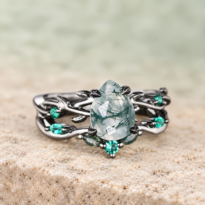 1.25Ct Pear Shaped Moss Agate Engagement Ring Set Black Gold, Art Deco Leaf Vine Wedding Set