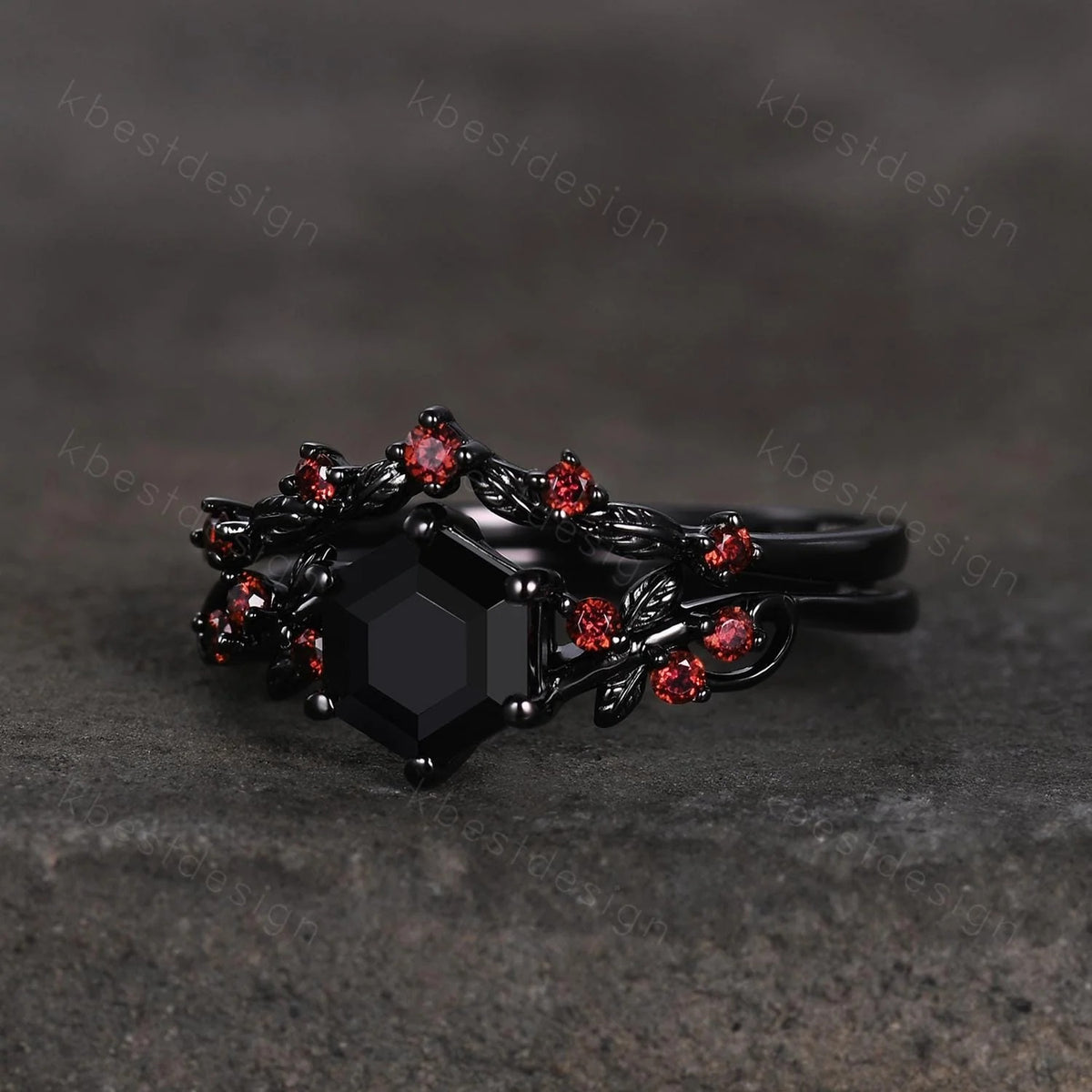 Gothic Hexagon cut Black Onyx Engagement Ring Set Leaf Vine Garnet Wedding Bridal Set