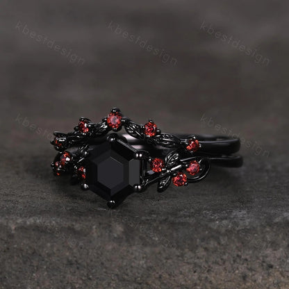 Gothic Hexagon cut Black Onyx Engagement Ring Set Leaf Vine Garnet Wedding Bridal Set