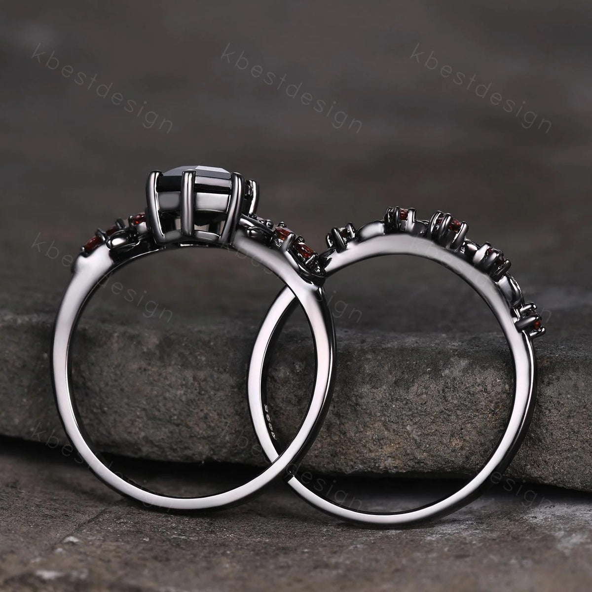 Gothic Hexagon cut Black Onyx Engagement Ring Set Leaf Vine Garnet Wedding Bridal Set
