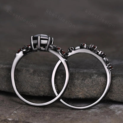 Gothic Hexagon cut Black Onyx Engagement Ring Set Leaf Vine Garnet Wedding Bridal Set