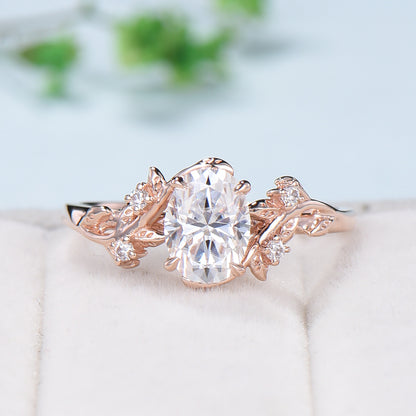 Nature Inspired Leaf oval moissanite wedding ring set cluster branch leaf engagement ring women vintage unique Christmas gift yellow gold - PENFINE