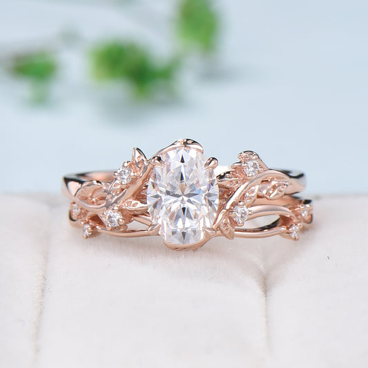 Nature Inspired Leaf oval moissanite wedding ring set cluster branch leaf engagement ring women vintage unique Christmas gift yellow gold - PENFINE
