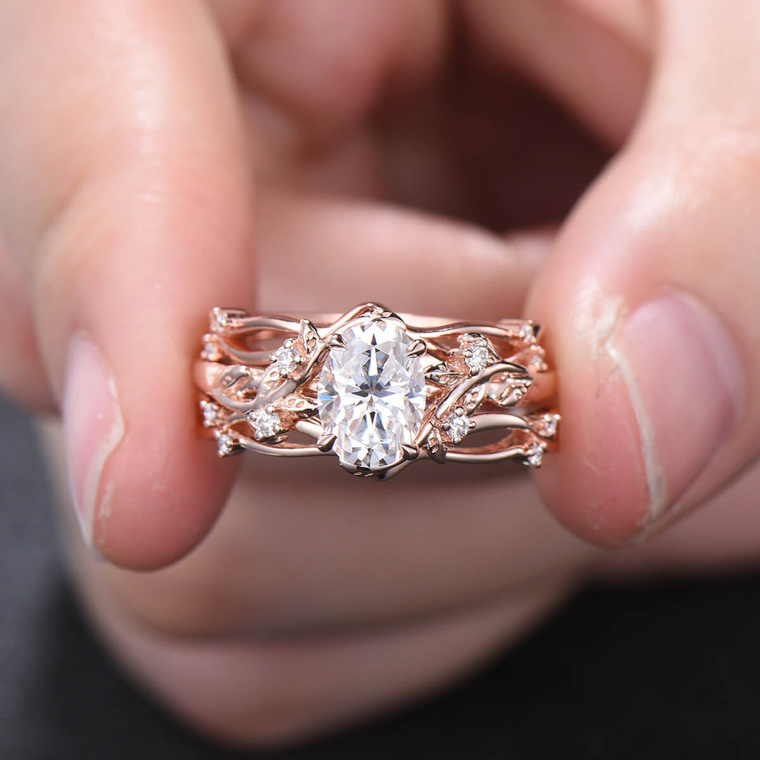 3pcs Nature Inspired Oval moissanite engagement ring set cluster branch leaf moissanite bridal set vintage unique wedding ring set for women - PENFINE