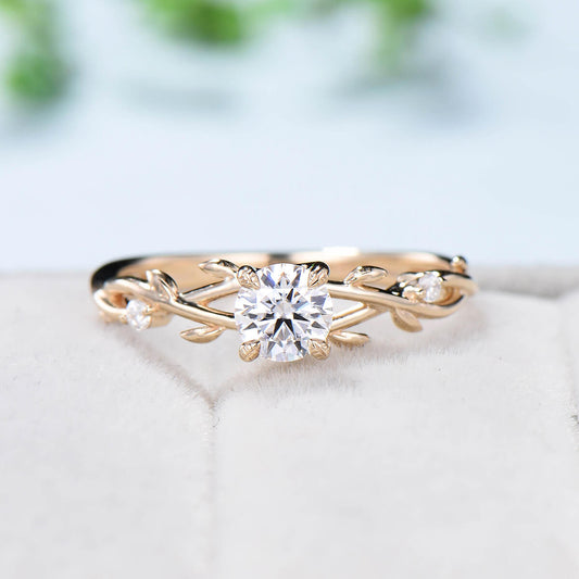 5mm Round Brilliant Moissanite ring set Leaf Branch Moissanite Engagement Ring Set Nature Inspired Wedding Ring Unique Twig Bridal Set Women - PENFINE