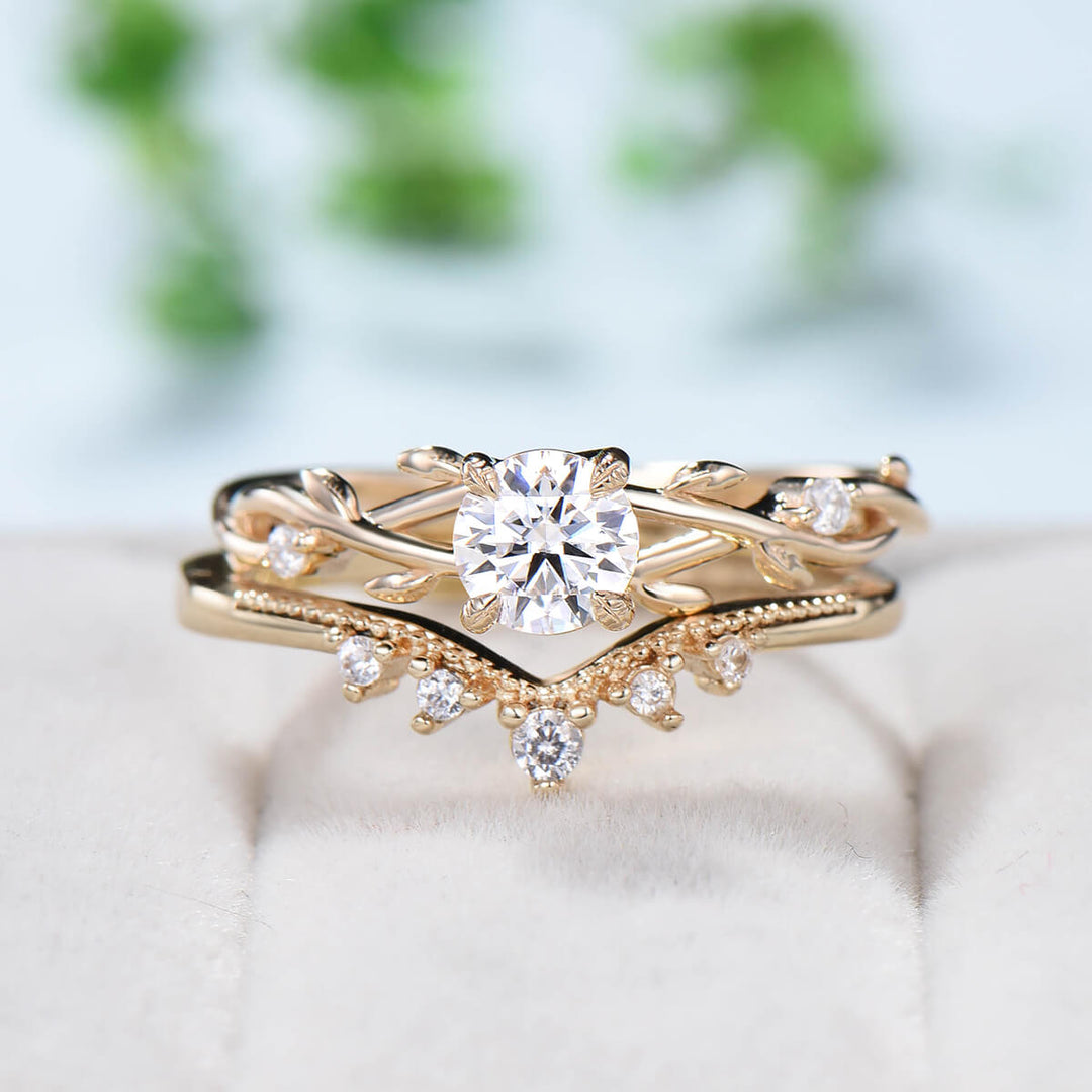 5mm Round Brilliant Moissanite ring set Leaf Branch Moissanite Engagement Ring Set Nature Inspired Wedding Ring Unique Twig Bridal Set Women - PENFINE