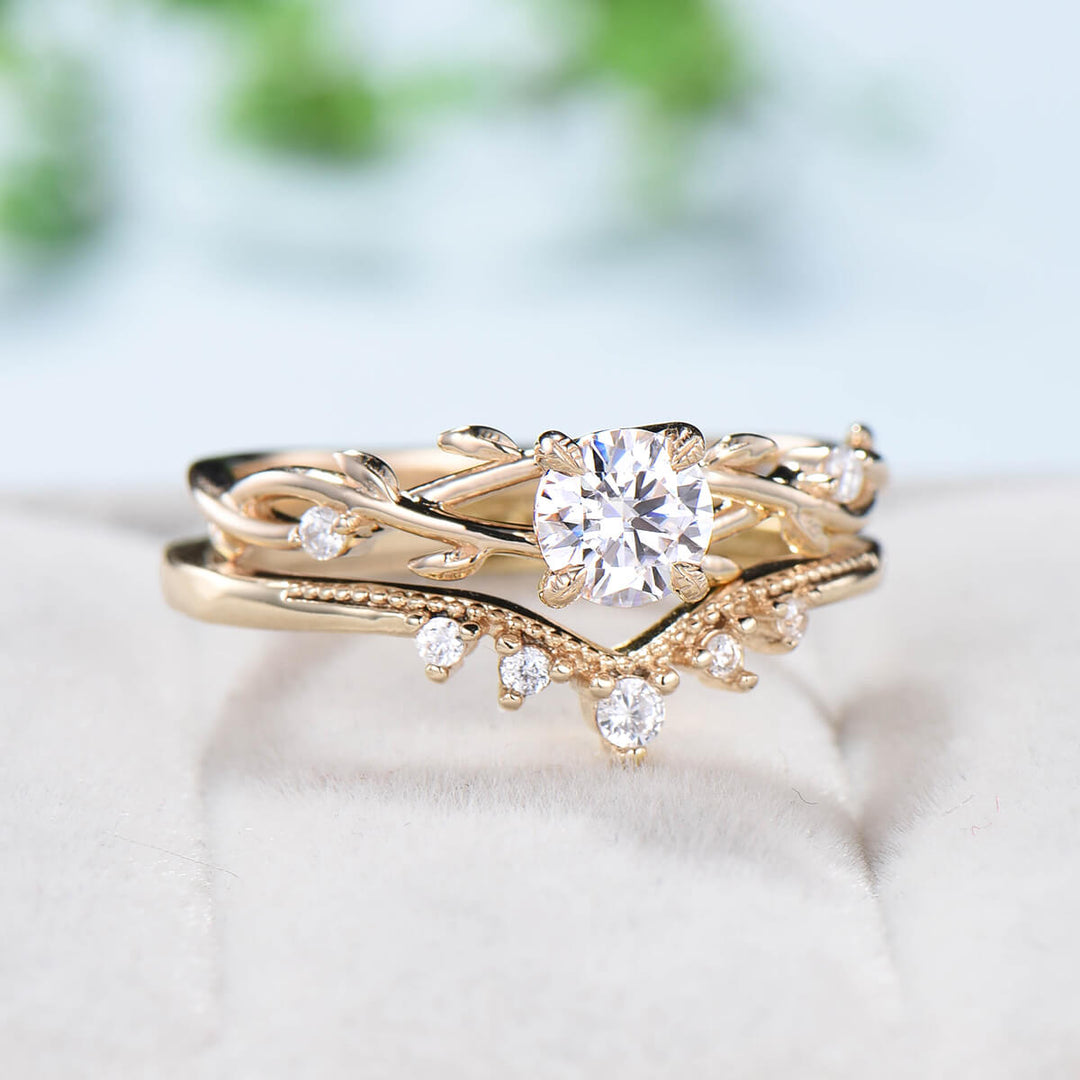 5mm Round Brilliant Moissanite ring set Leaf Branch Moissanite Engagement Ring Set Nature Inspired Wedding Ring Unique Twig Bridal Set Women - PENFINE