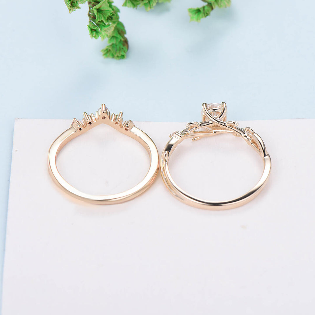 5mm Round Brilliant Moissanite ring set Leaf Branch Moissanite Engagement Ring Set Nature Inspired Wedding Ring Unique Twig Bridal Set Women - PENFINE