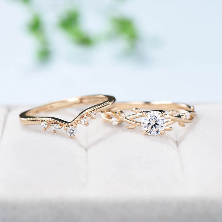 5mm Round Brilliant Moissanite ring set Leaf Branch Moissanite Engagement Ring Set Nature Inspired Wedding Ring Unique Twig Bridal Set Women - PENFINE