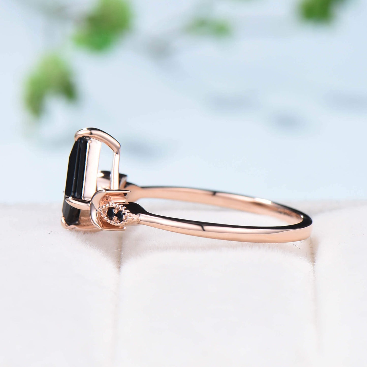Natural 1CT Kite Black Onyx Engagement Ring Art Deco Rose Gold Black Gemstone Moon Milgrain Wedding Ring Antique Anniversary Gift For Women - PENFINE