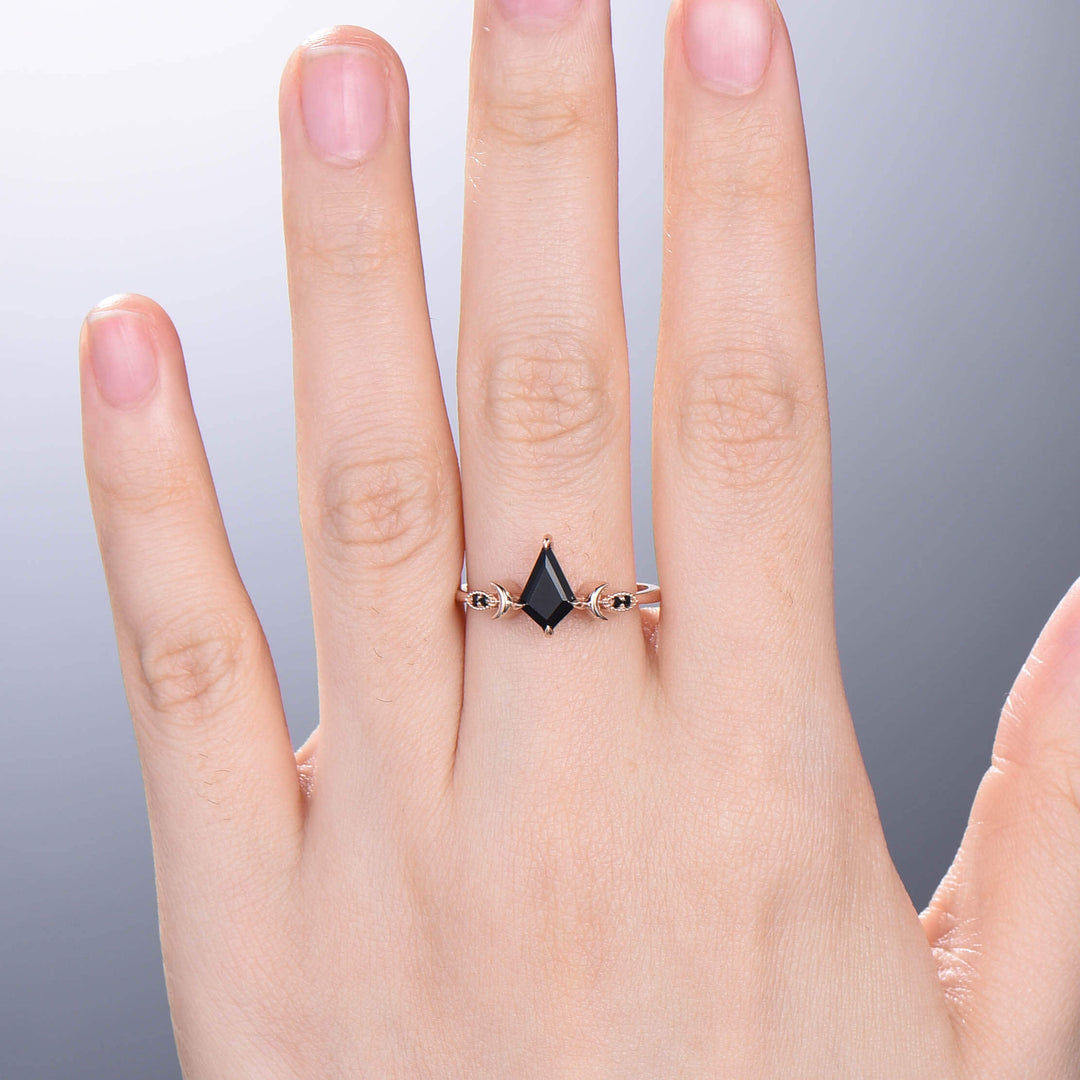 Natural 1CT Kite Black Onyx Engagement Ring Art Deco Rose Gold Black Gemstone Moon Milgrain Wedding Ring Antique Anniversary Gift For Women - PENFINE