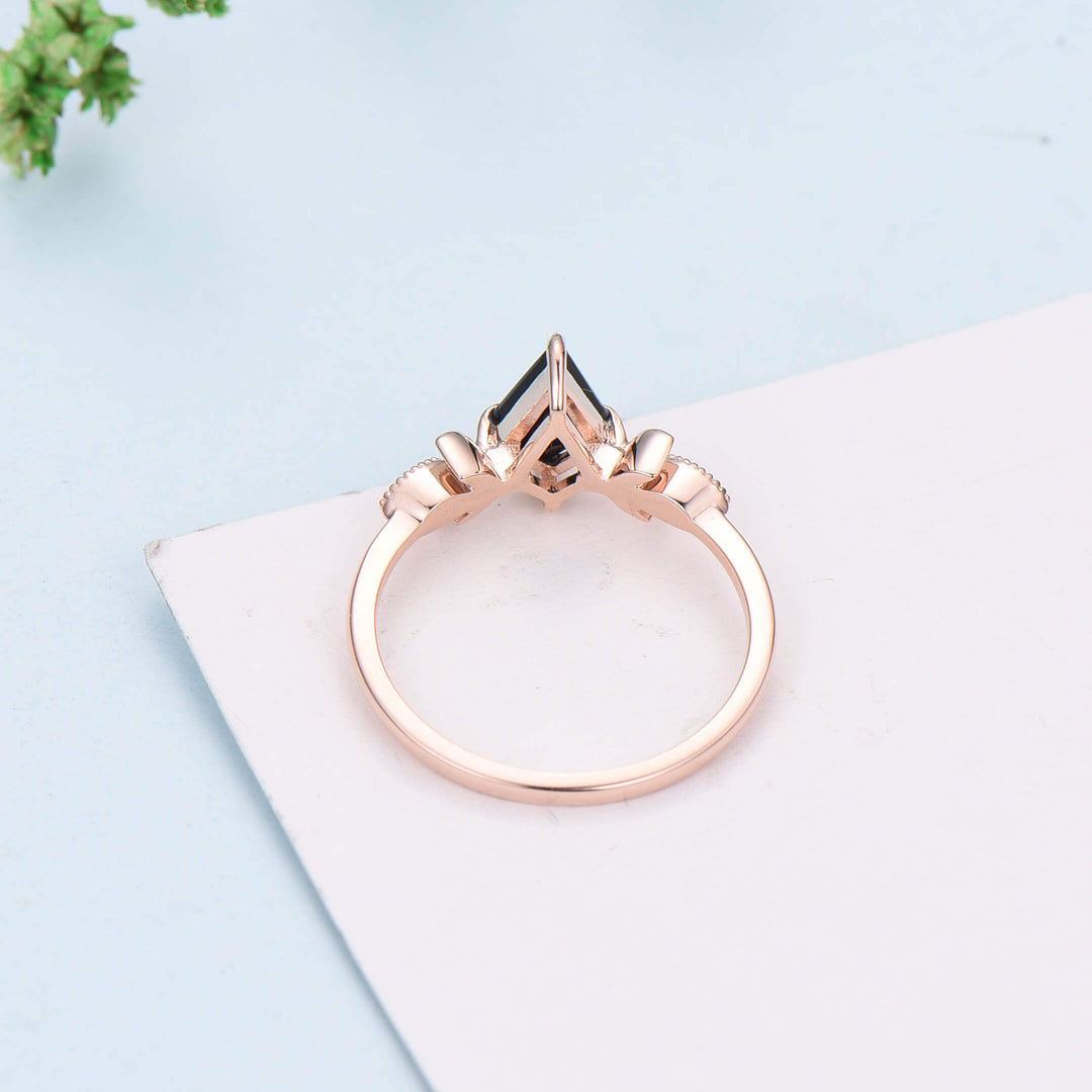 Natural 1CT Kite Black Onyx Engagement Ring Art Deco Rose Gold Black Gemstone Moon Milgrain Wedding Ring Antique Anniversary Gift For Women - PENFINE