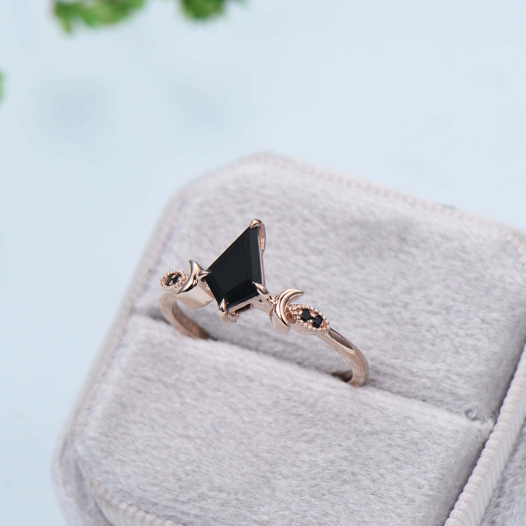 Natural 1CT Kite Black Onyx Engagement Ring Art Deco Rose Gold Black Gemstone Moon Milgrain Wedding Ring Antique Anniversary Gift For Women - PENFINE