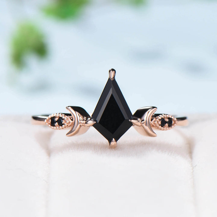 Natural 1CT Kite Black Onyx Engagement Ring Art Deco Rose Gold Black Gemstone Moon Milgrain Wedding Ring Antique Anniversary Gift For Women - PENFINE