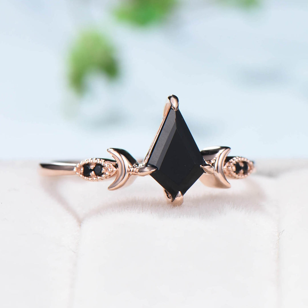 Natural 1CT Kite Black Onyx Engagement Ring Art Deco Rose Gold Black Gemstone Moon Milgrain Wedding Ring Antique Anniversary Gift For Women - PENFINE