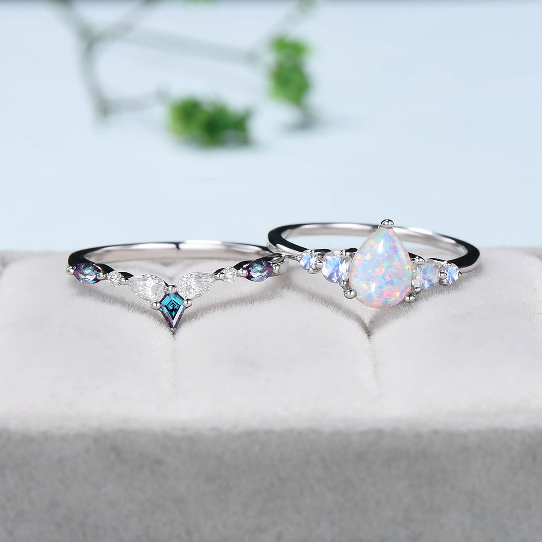 1.25CT Pear White Opal Engagement Ring Set Vintage Five stone Moonstone fire opal wedding set art deco kite alexandrite stacking band gift - PENFINE