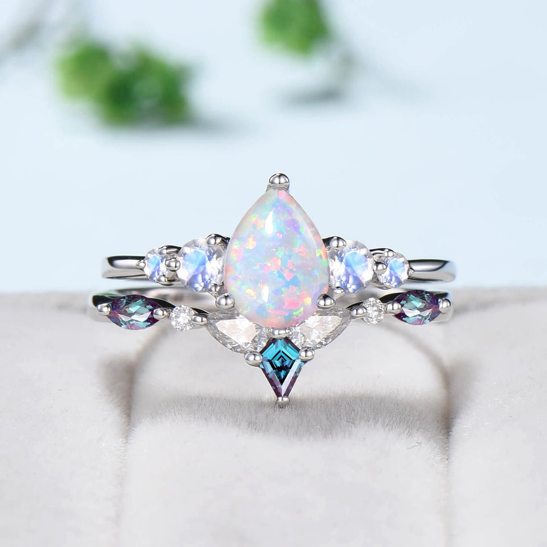 1.25CT Pear White Opal Engagement Ring Set Vintage Five stone Moonstone fire opal wedding set art deco kite alexandrite stacking band gift - PENFINE