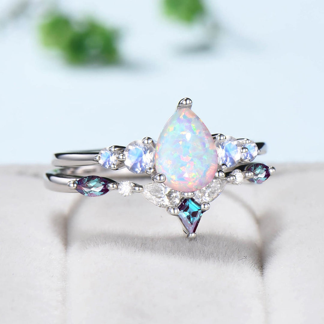 1.25CT Pear White Opal Engagement Ring Set Vintage Five stone Moonstone fire opal wedding set art deco kite alexandrite stacking band gift - PENFINE