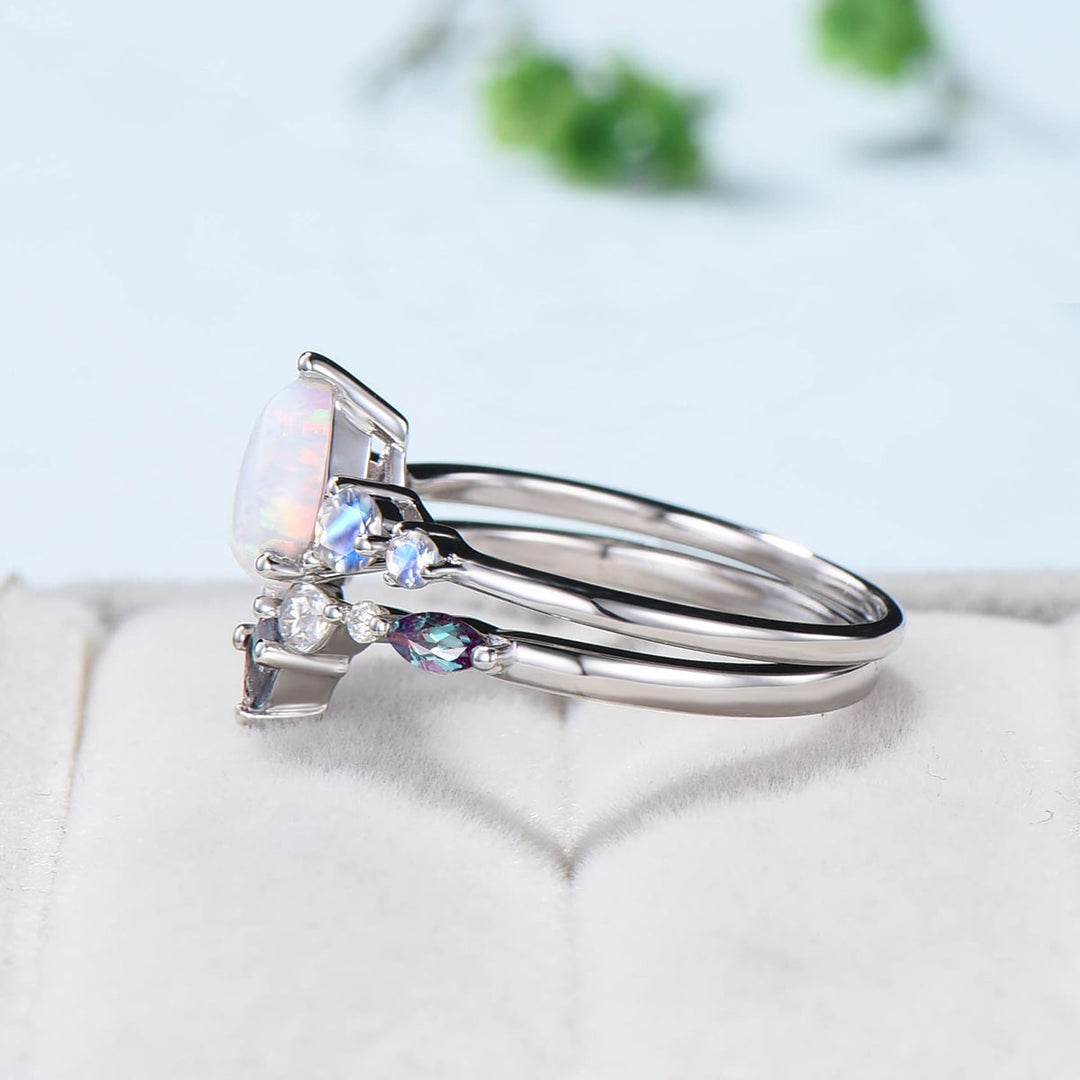 1.25CT Pear White Opal Engagement Ring Set Vintage Five stone Moonstone fire opal wedding set art deco kite alexandrite stacking band gift - PENFINE