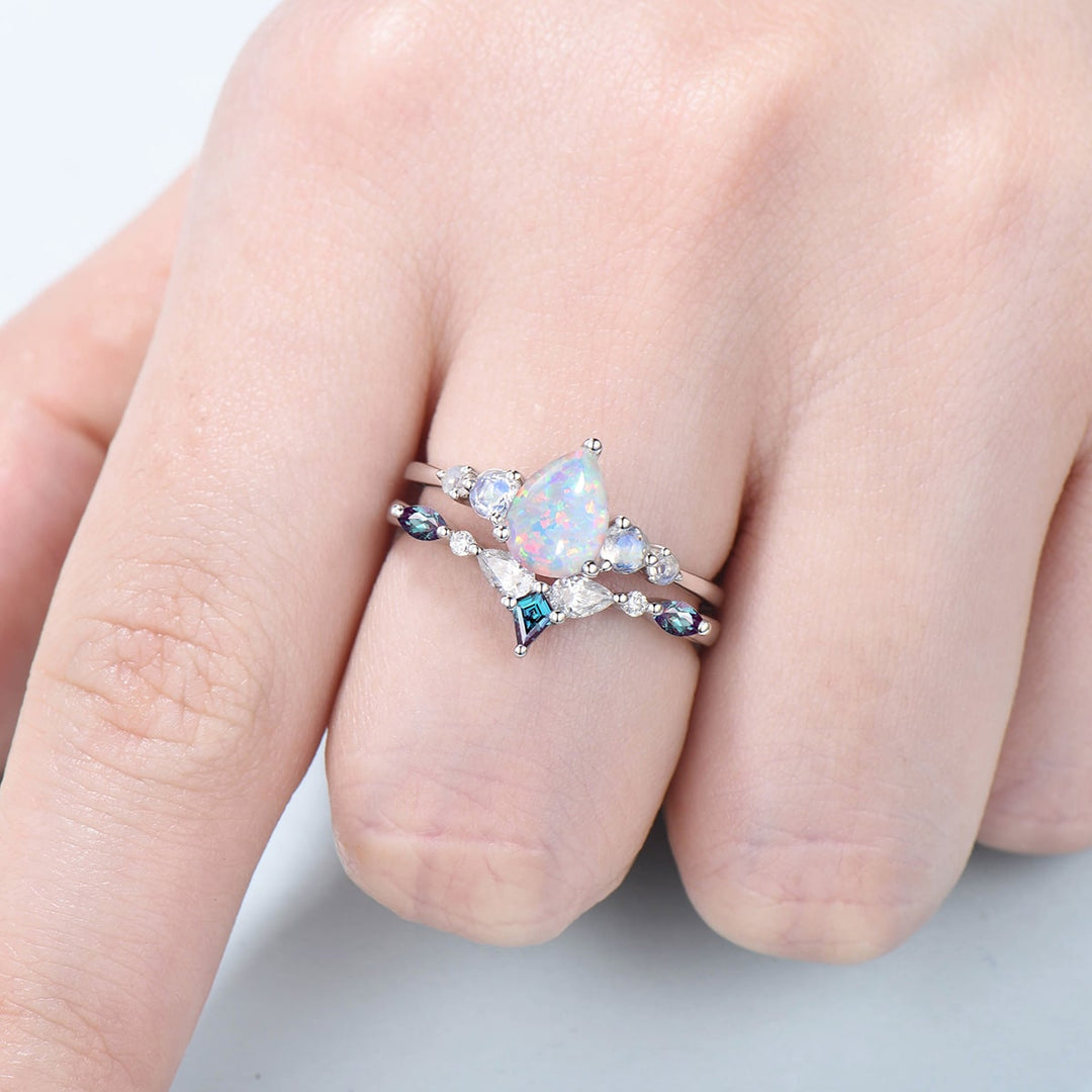 1.25CT Pear White Opal Engagement Ring Set Vintage Five stone Moonstone fire opal wedding set art deco kite alexandrite stacking band gift - PENFINE