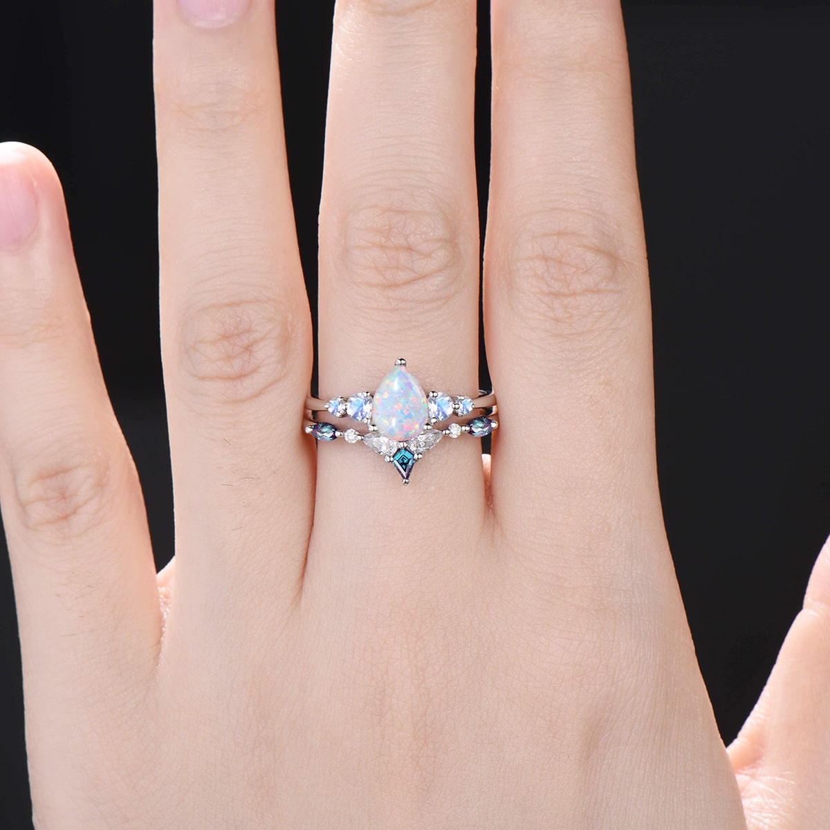 1.25CT Pear White Opal Engagement Ring Set Vintage Five stone Moonstone fire opal wedding set art deco kite alexandrite stacking band gift - PENFINE