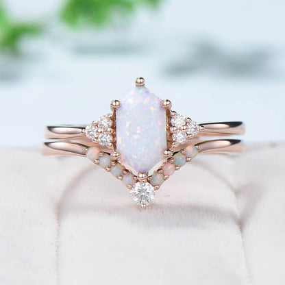 Retro Long hexagon fire opal ring women vintage white opal engagement ring set crown moissanite Stacking ring Wedding Gold Band Ring Set - PENFINE